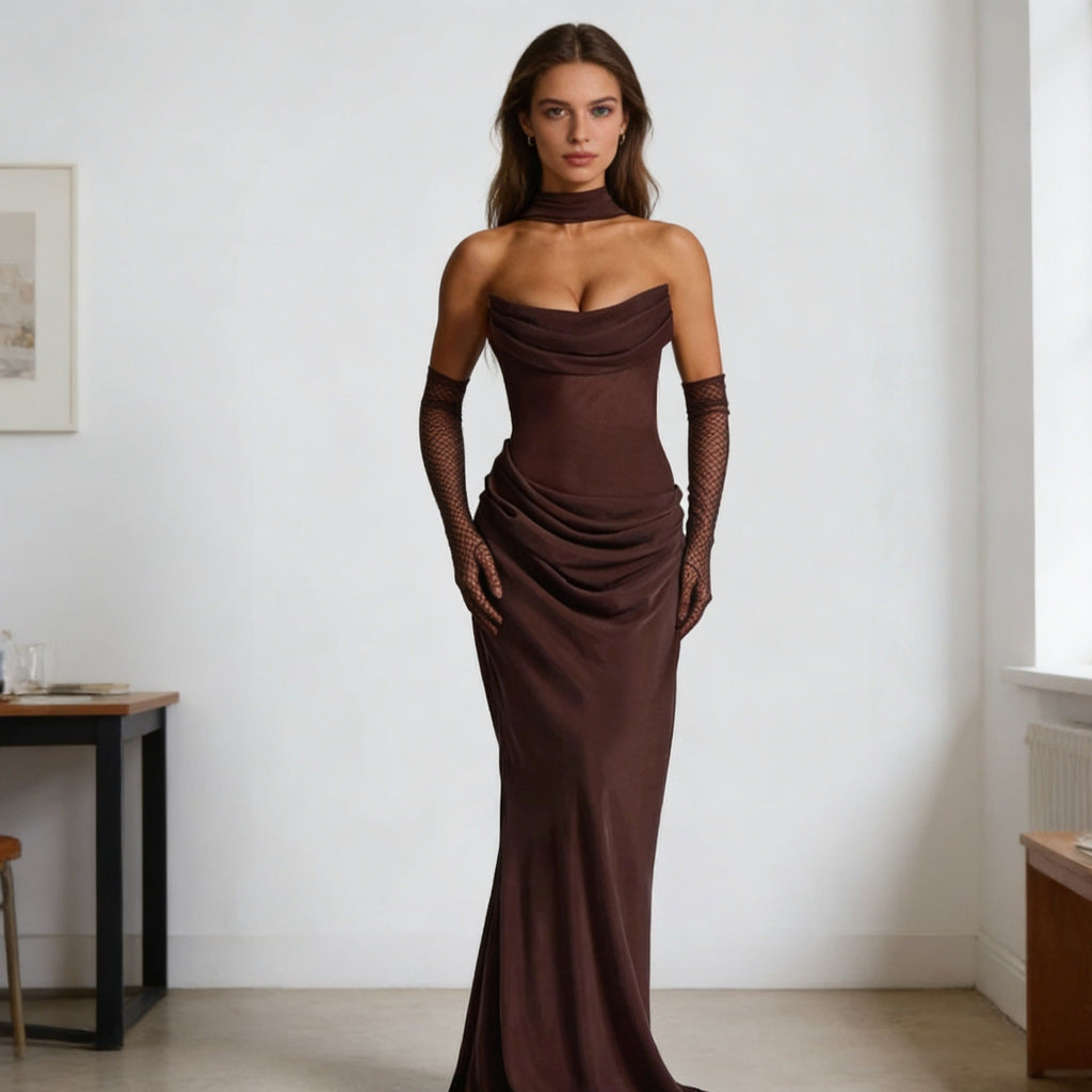 Damen Elegantes schulterfreies Maxikleid mit verführerischem Rüschendetail