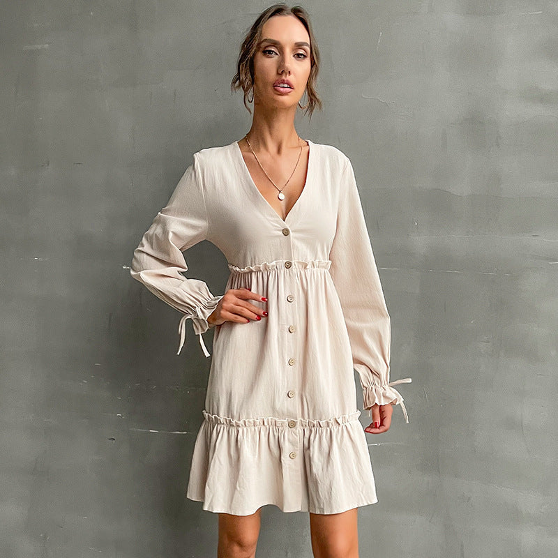Damen Button-Midikleid mit V-Ausschnitt, Rüschen-Taille und Bindärmeln Shop Nory