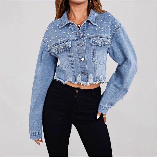 Damen kurze Jeansjacke mit Perlenbesatz, fransigem Saum und weit geschnittenen Ärmeln Shop Nory