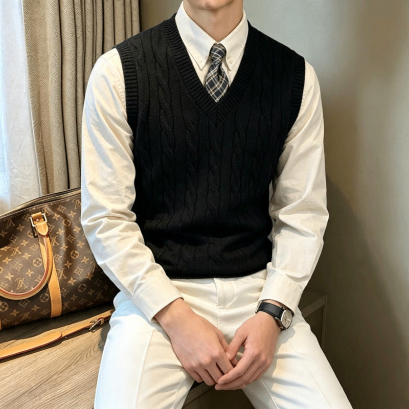 Herren Ärmellose Zopfstrick‑Weste mit V‑Ausschnitt und feiner Rippkante Shop Nory