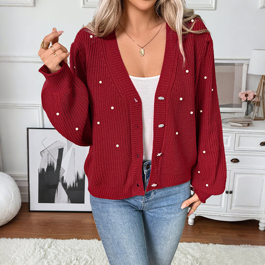 Damen Stilvolle Strickjacke mit Perlendetails Shop Nory