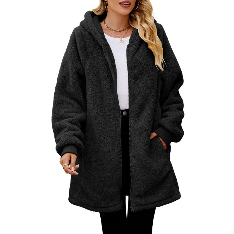 Damen kuschelige Fleecejacke mit Kapuze und Reißverschluss
