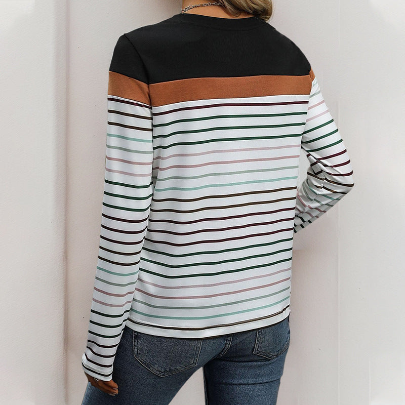 Damen Langärmliges gestreiftes Shirt mit Colorblock‑Schulter und Rundhalsausschnitt Shop Nory
