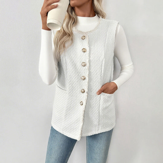 Damen Bouclé-Weste mit Zierknöpfen, Fransenbesatz und Eingrifftaschen Shop Nory