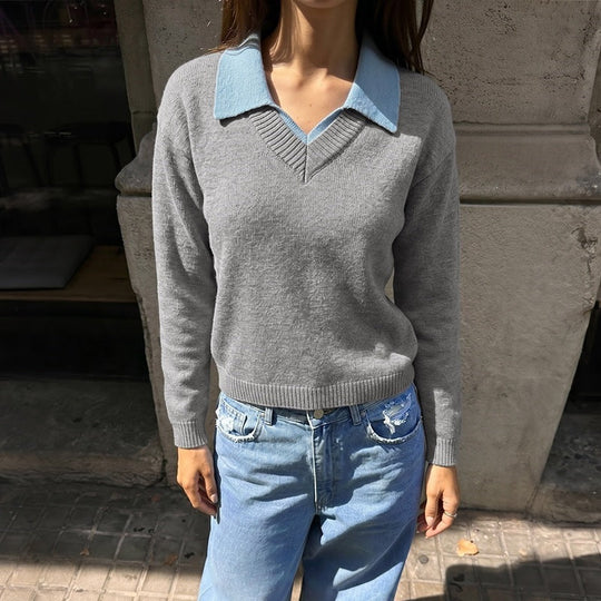 Damen Feinstrick-Polo-Pullover mit kontrastierendem Hemdkragen und V-Ausschnitt Shop Nory