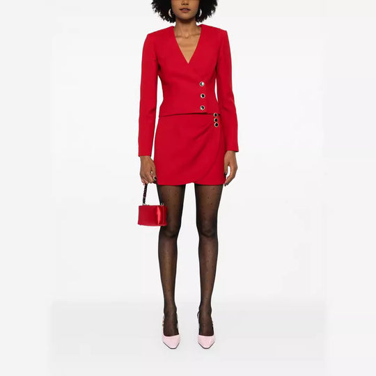 Damen Tailliertes Blazerkleid-Set mit V‑Ausschnitt und asymmetrischer Ösenverzierung Shop Nory