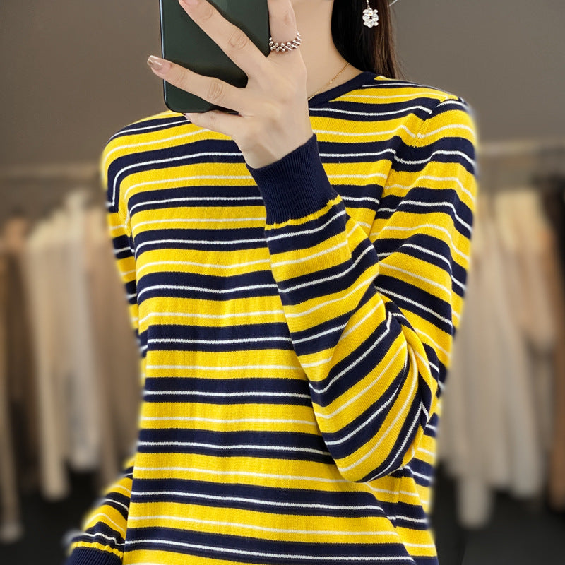 Damen Lässiger Ringel-Feinstrickpullover mit Boxy‑Silhouette und kontrastierenden Rippbündchen Shop Nory