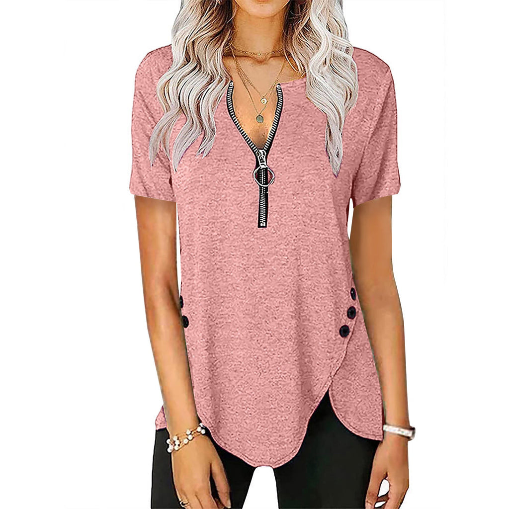 Damen Kurzarmshirt mit asymmetrischem Saum und Reißverschluss