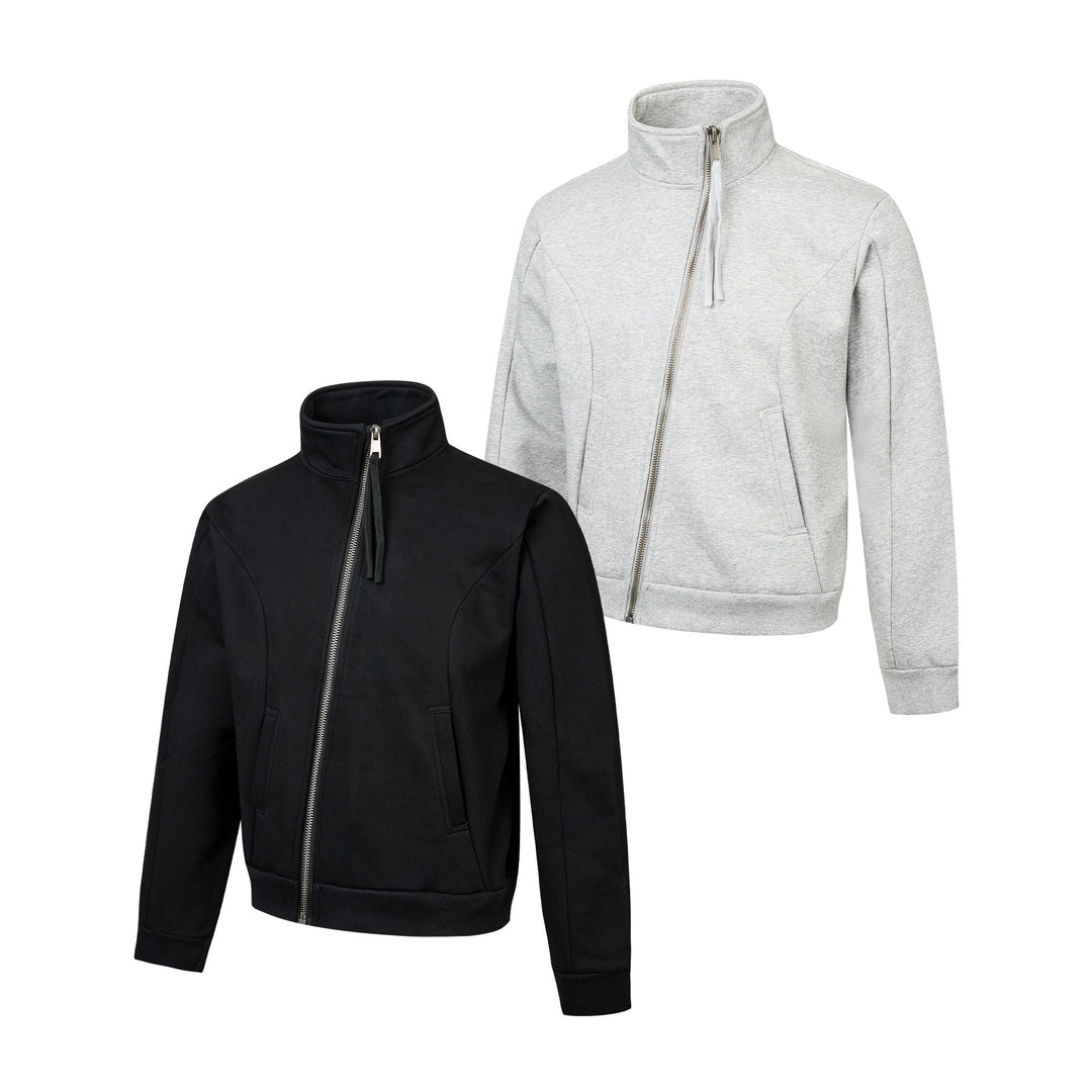 Unisex Kurz geschnittene Sweatjacke mit hohem Stehkragen und asymmetrischem Reißverschluss Shop Nory