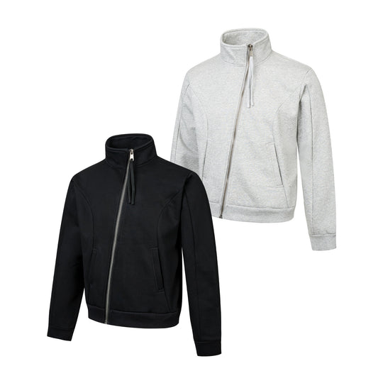 Unisex Kurz geschnittene Sweatjacke mit hohem Stehkragen und asymmetrischem Reißverschluss Shop Nory