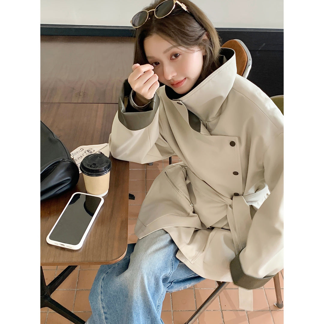Damen Oversized Trenchcoat mit kontrastierenden Lederbesätzen und Reißverschluss Shop Nory