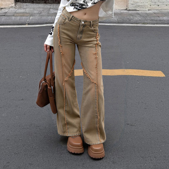 Damen nan hochgeschnittene Wide‑Leg Jeans mit offenen Saumnähten, diagonalem Fransenbesatz und Relaxed Fit Shop Nory