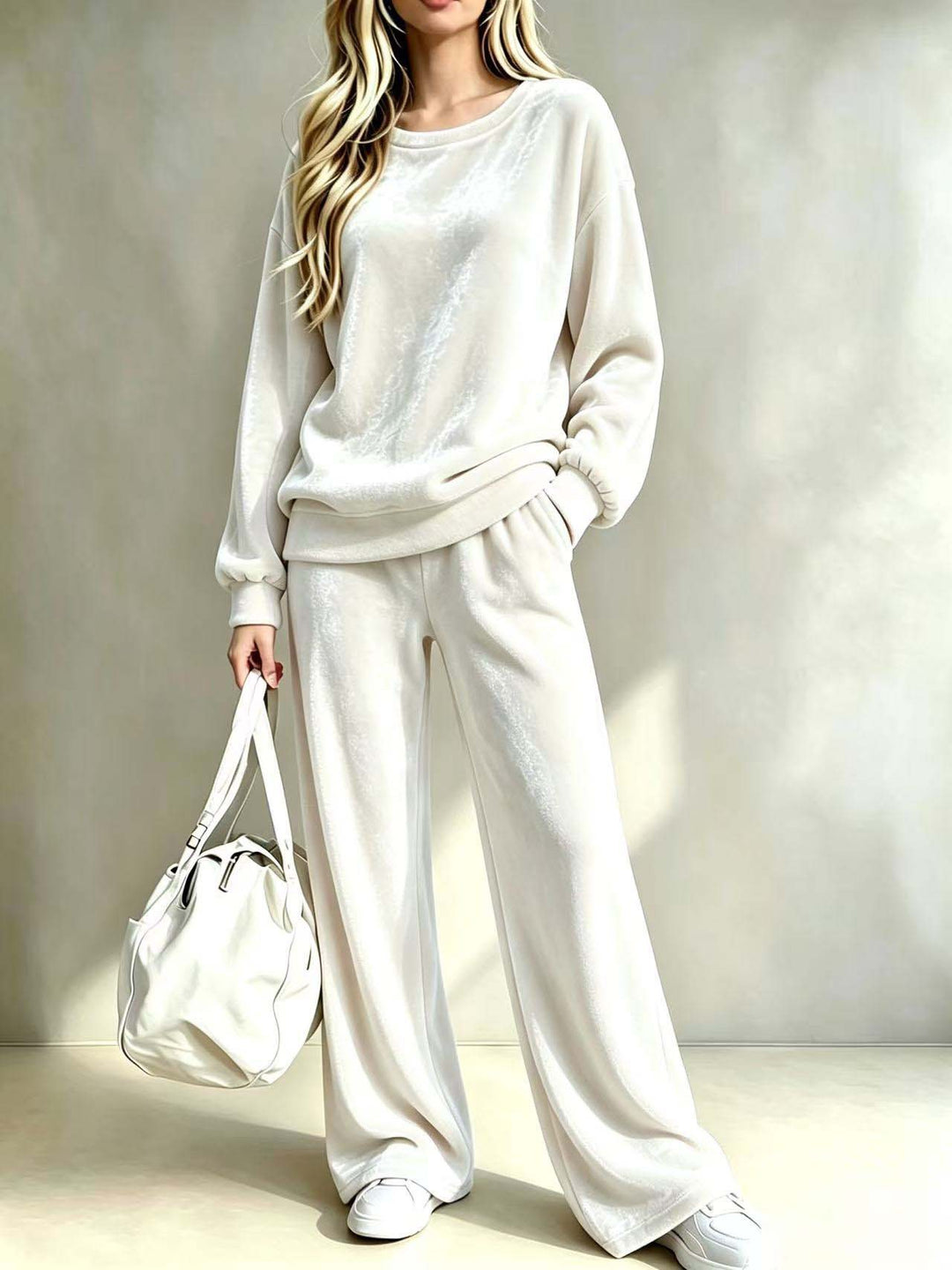 Damen Weiches Velours-Loungewear-Set mit weitem Bein und Rundhalsausschnitt Shop Nory