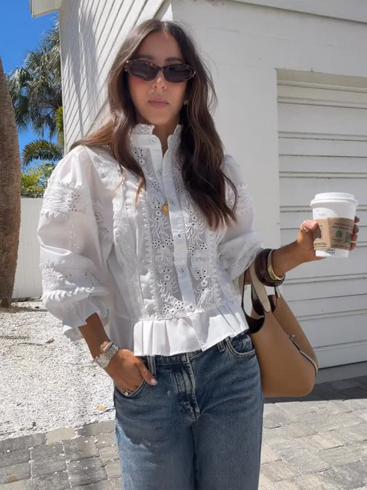 Damen Broderie-Anglaise Bluse mit Stehkragen, Rüschenbund und Ballonärmeln Shop Nory