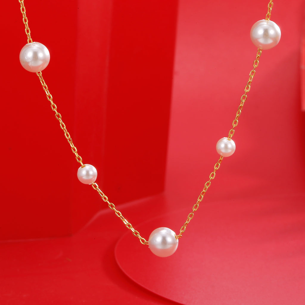 Damen elegante Perlen-Halskette mit feiner Gliederkette Shop Nory