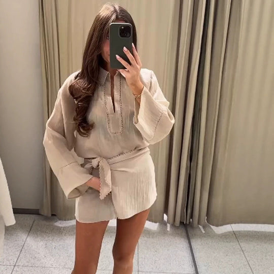 Damen Leichtes Crinkle-Zweiteiler mit Oversized-Hemd und Wickel-Minirock Shop Nory