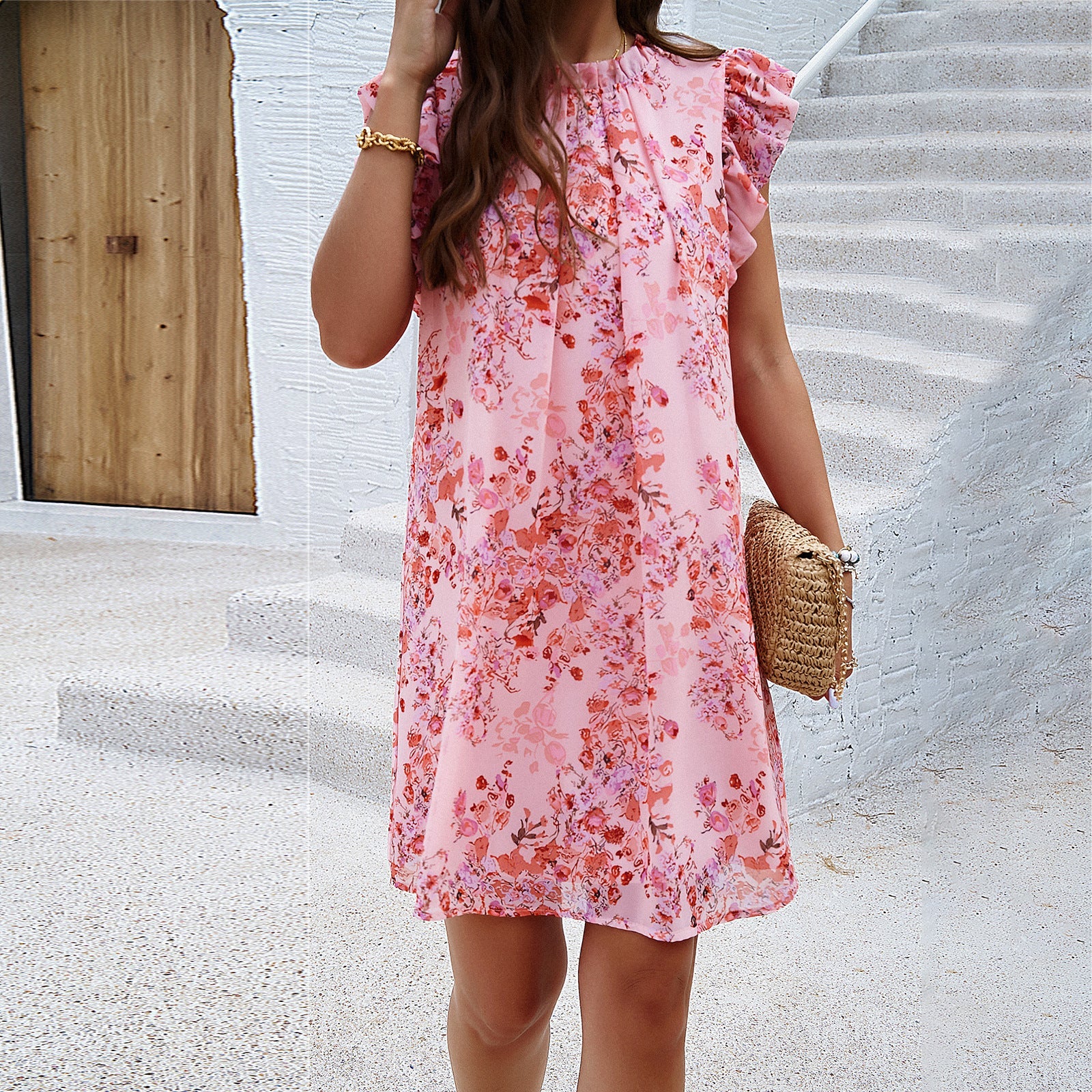Damen Freizeitliches Blumenmuster Sommerkleid mit Rüschendetails