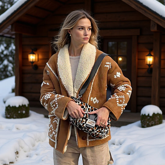 Damen Kurze Velourslederjacke mit Teddyfutter und Zierstickerei Shop Nory
