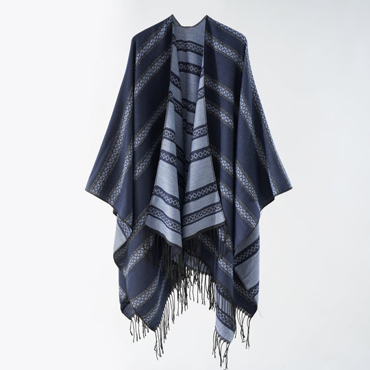 Damen Langer Webponcho im Cape-Stil mit Streifen-Jacquard und Fransen Shop Nory