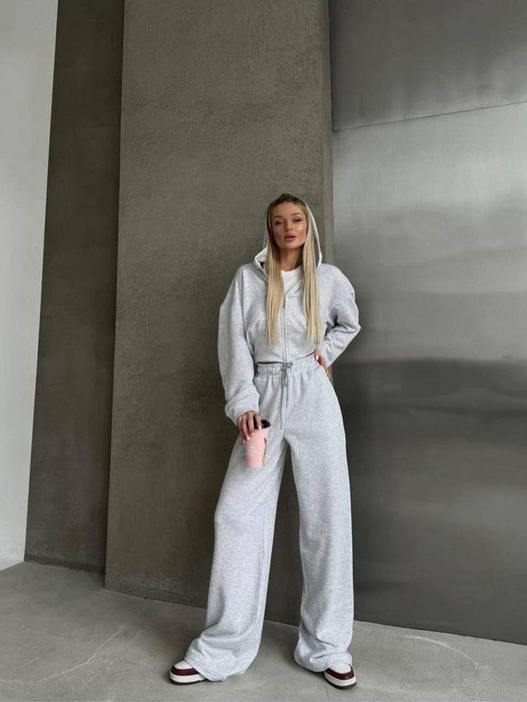Damen kurzes Reißverschluss-Cropped-Hoodie mit hoher Bund Palazzo-Jogginghose Set Shop Nory