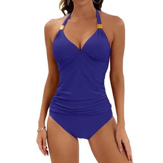 Damen Tankini mit Gerafftem Oberteil und Hohem Bund