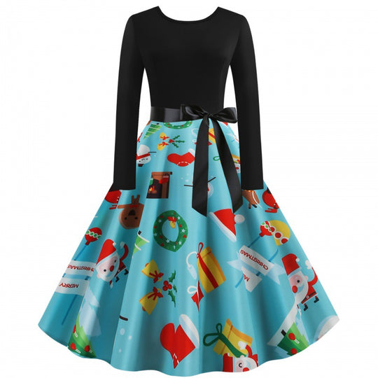 Damen Retro-Festkleid mit kontrastiertem Oberteil, ausgestelltem Tellerrock und Satintaillengürpe Shop Nory