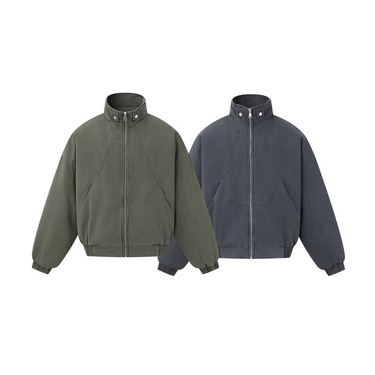 Unisex Boxy-Canvas-Blousonjacke mit hohem Stehkragen, diagonalem Nahtdesign und elastischem Saum Shop Nory