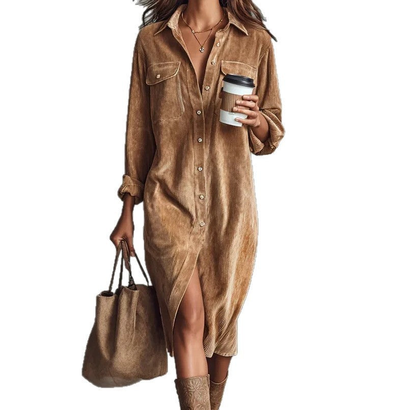 Damen Hemdblusenkleid aus Cord mit Brusttaschen, Knopfleiste und Schlitze Shop Nory