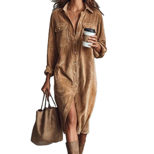 Damen Hemdblusenkleid aus Cord mit Brusttaschen, Knopfleiste und Schlitze Shop Nory