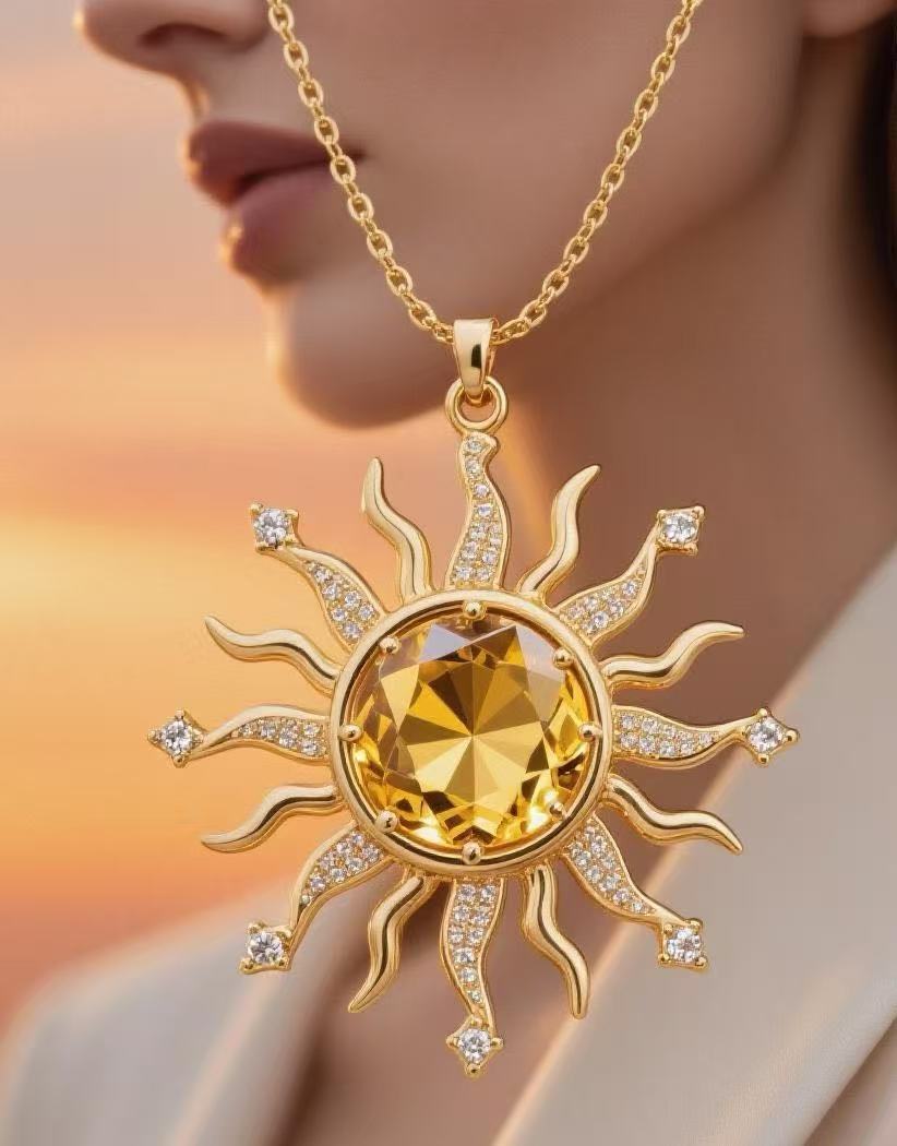 Damen Halskette mit Sonnenanhänger und funkelnden Kristallen Shop Nory