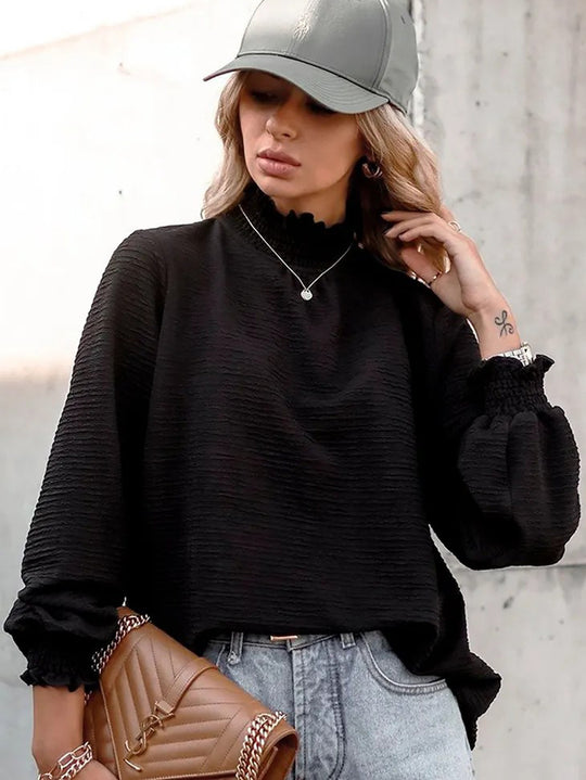 Damen nan langärmlige Strukturbluse mit gerafftem Stehkragen und Smokbündchen Shop Nory