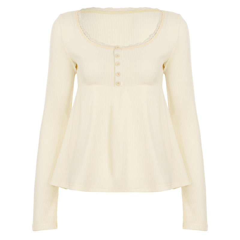Damen nan geripptes Langarm-Top mit Empire-Taille, zierlicher Knopfleiste und Spitzenbesatz Shop Nory