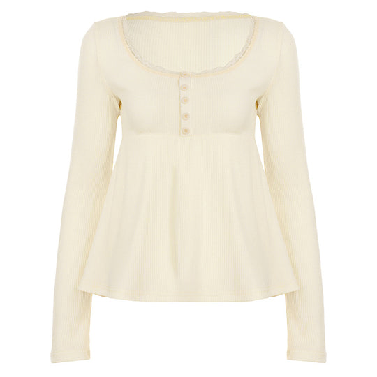 Damen nan geripptes Langarm-Top mit Empire-Taille, zierlicher Knopfleiste und Spitzenbesatz Shop Nory