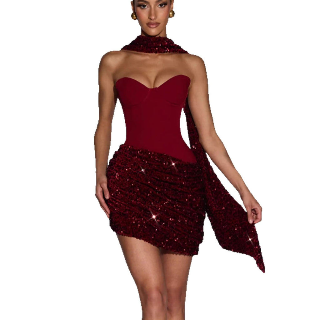Damen Glamouröses Minikleid mit figurbetontem Bustier-Oberteil und eindrucksvollem Paillettenrock Shopnory