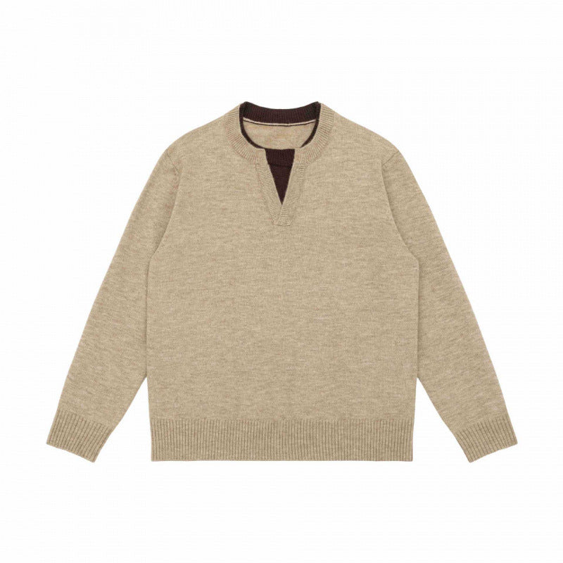 Unisex Mélange-Strickpullover mit Halbhals-V-Schlitz und kontrastiertem Innenbund Shop Nory