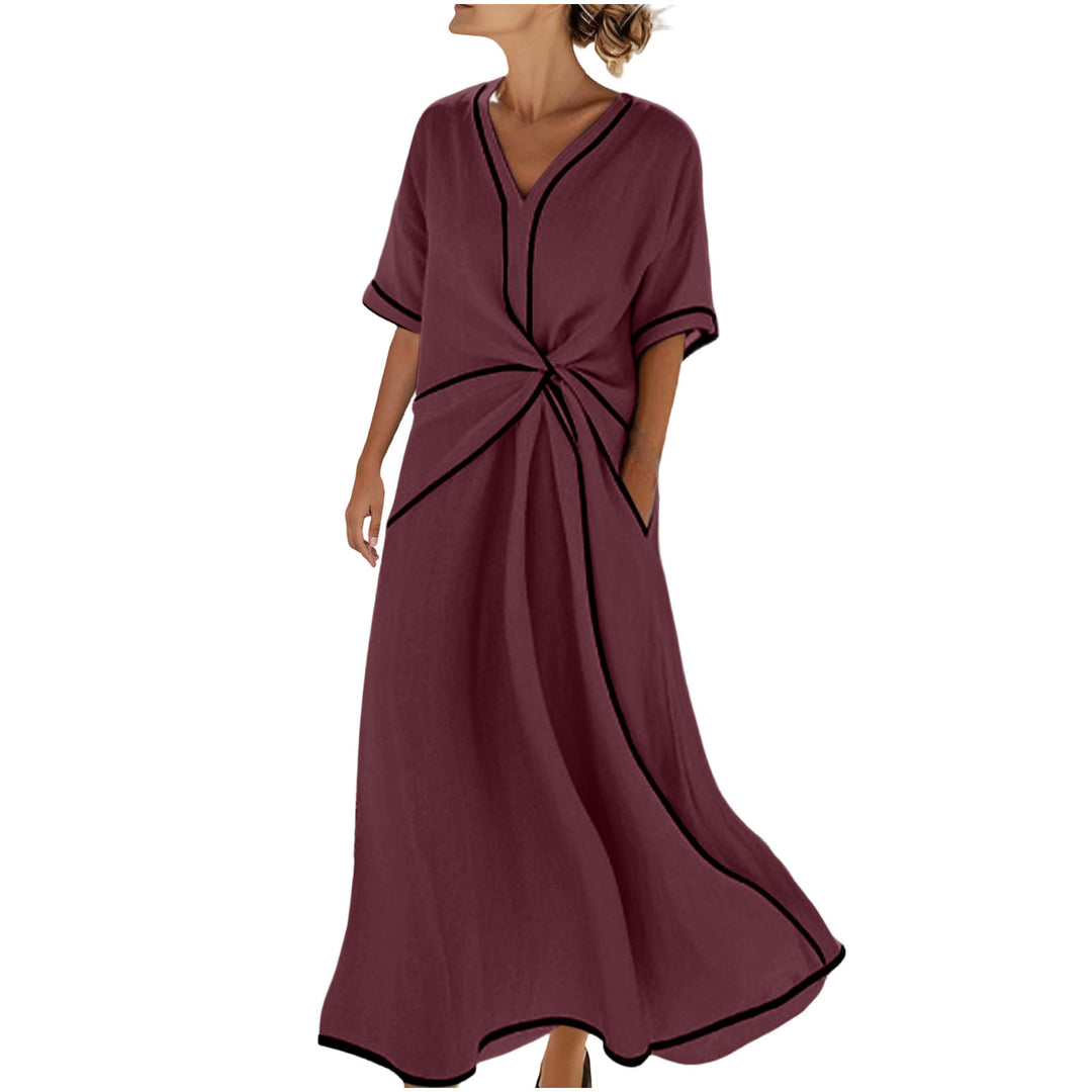 Damen Langes A-Linienkleid mit V‑Ausschnitt, Knoten-Detail und Kontrastpaspel Shop Nory
