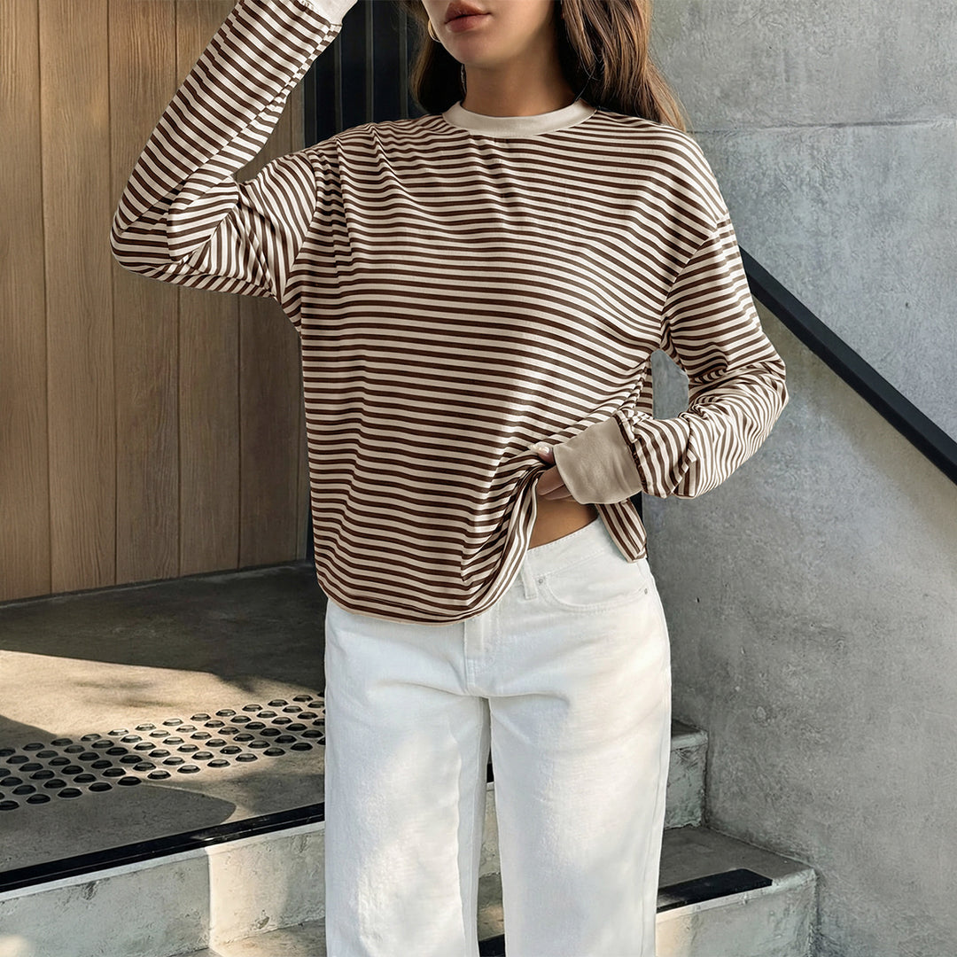 Damen nan lässiges gestreiftes Oversize-Longsleeve mit kontrastierendem Rundhalsausschnitt und verlängertem Rückensaum Shop Nory