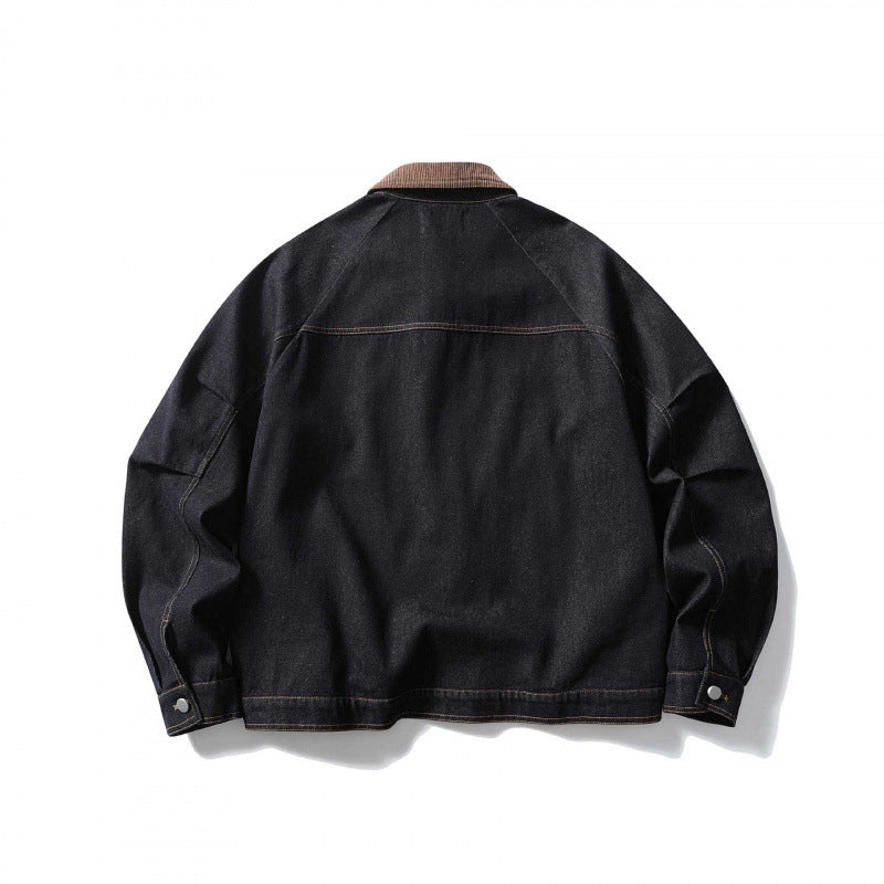 Unisex Boxy-Jeansjacke mit Cordkragen, kontrastierenden Ziernähten und Druckknopfleiste Shop Nory