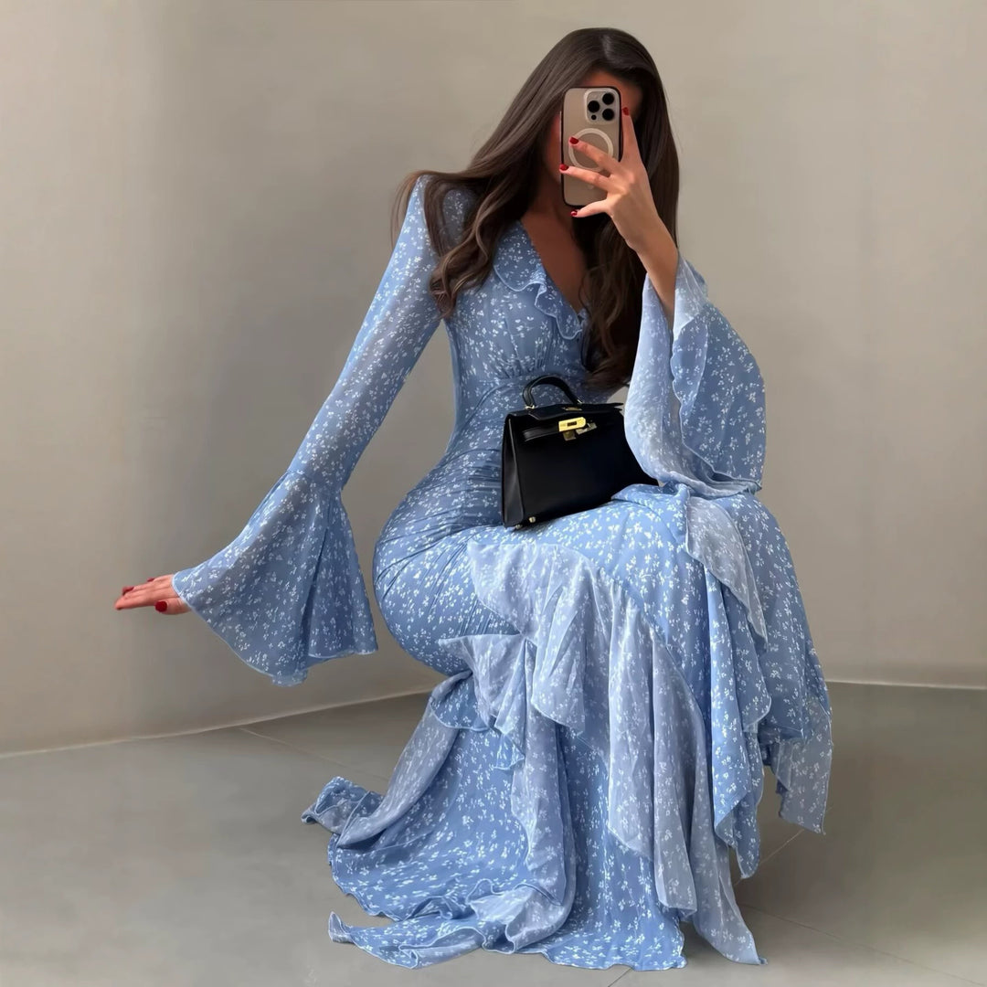 Damen Maxikleid mit V-Ausschnitt, Volantstufen und Trompetenärmeln Shop Nory