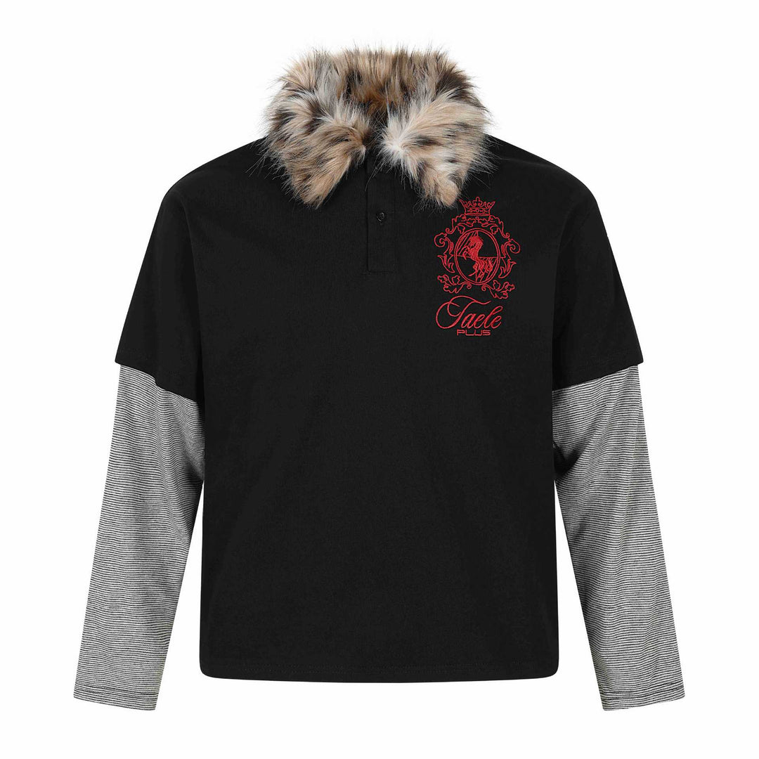Damen Layered-Optik Langarm-Polo mit Kunstfellkragen und Wappenstickerei Shop Nory