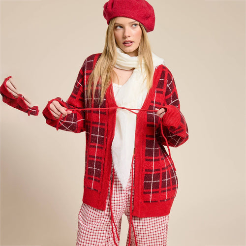 Damen Oversize Karierter Strickcardigan mit Bindegürtel & aufgesetzten Taschen Shop Nory