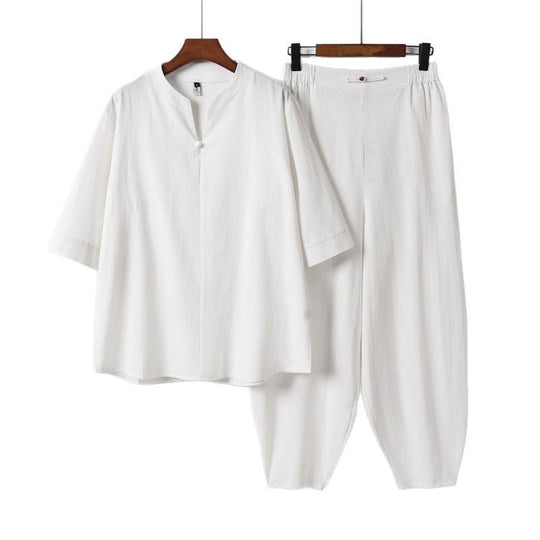 Herren Zweiteiliges Leichtes Leinen-Baumwoll-Set mit Mandarin-Kragen und elastischer Bundhose Shop Nory