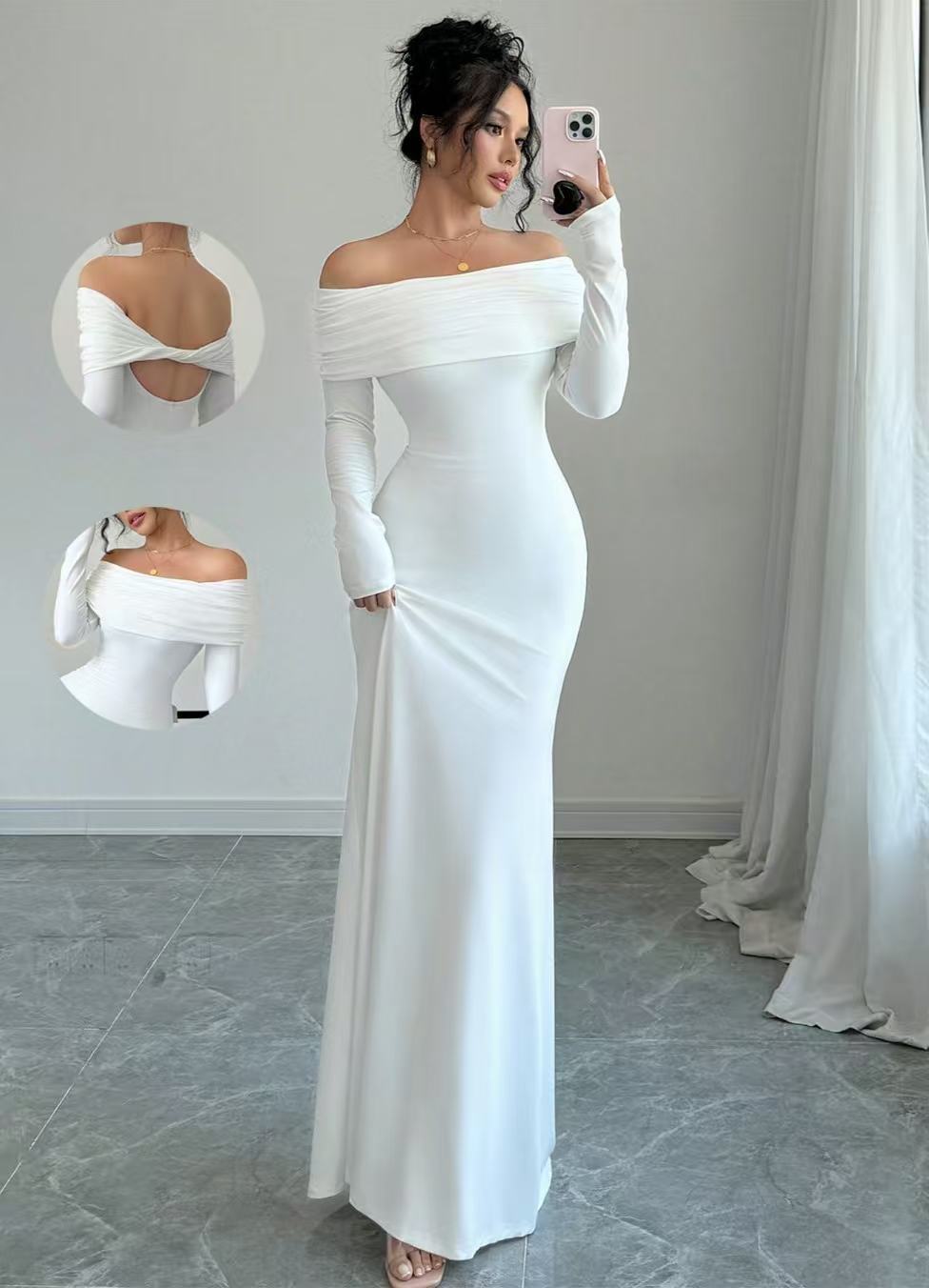 Damen Elegantes Off-Shoulder-Maxikleid mit figurbetontem Schnitt und langen Ärmeln