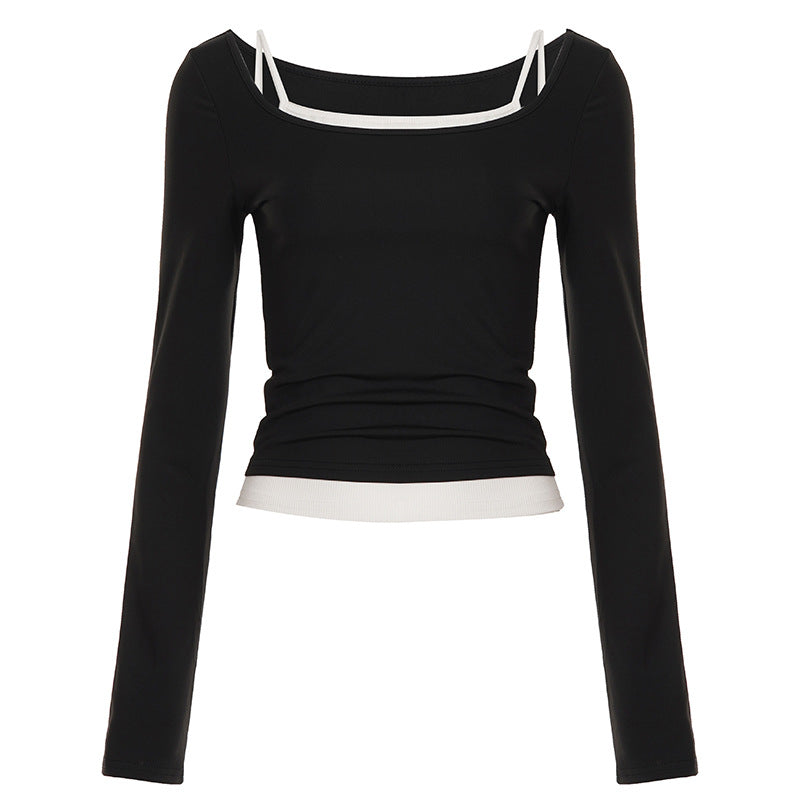 Damen nan tailliertes Longsleeve-Cropped-Top mit eckigem Ausschnitt und doppelten Spaghettiträgern Shop Nory