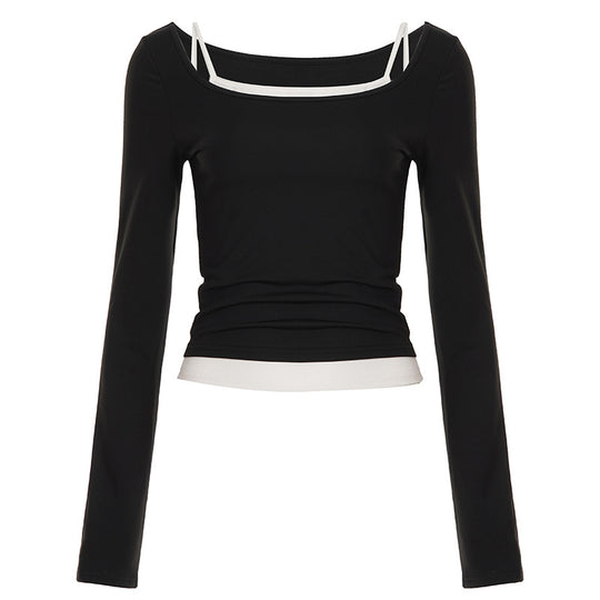 Damen nan tailliertes Longsleeve-Cropped-Top mit eckigem Ausschnitt und doppelten Spaghettiträgern Shop Nory