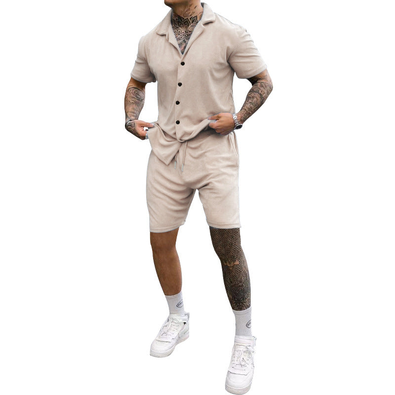 Herren Freizeit-Kurzarm-Set mit Knopfleiste und verstellbarem Kordelzug Shopnory