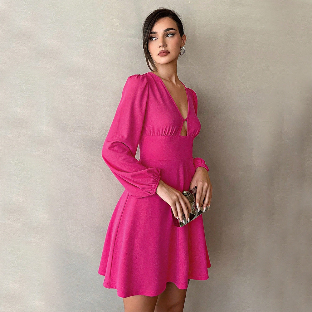 Damen kurzes A-Linien-Minikleid mit V-Ausschnitt und kleinem Ausschnittdetail, Empire-Taille und Ballonärmeln Shop Nory