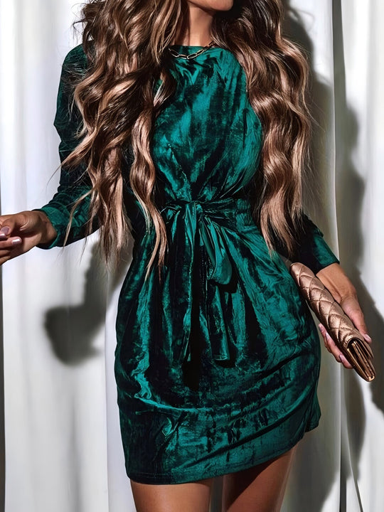 Damen Samt-Minikleid mit langen Ärmeln, Taillengürtel und Eingrifftaschen Shop Nory