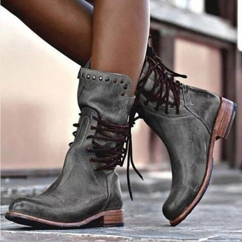 Damen Lederstiefel mit Schnürung und Nieten