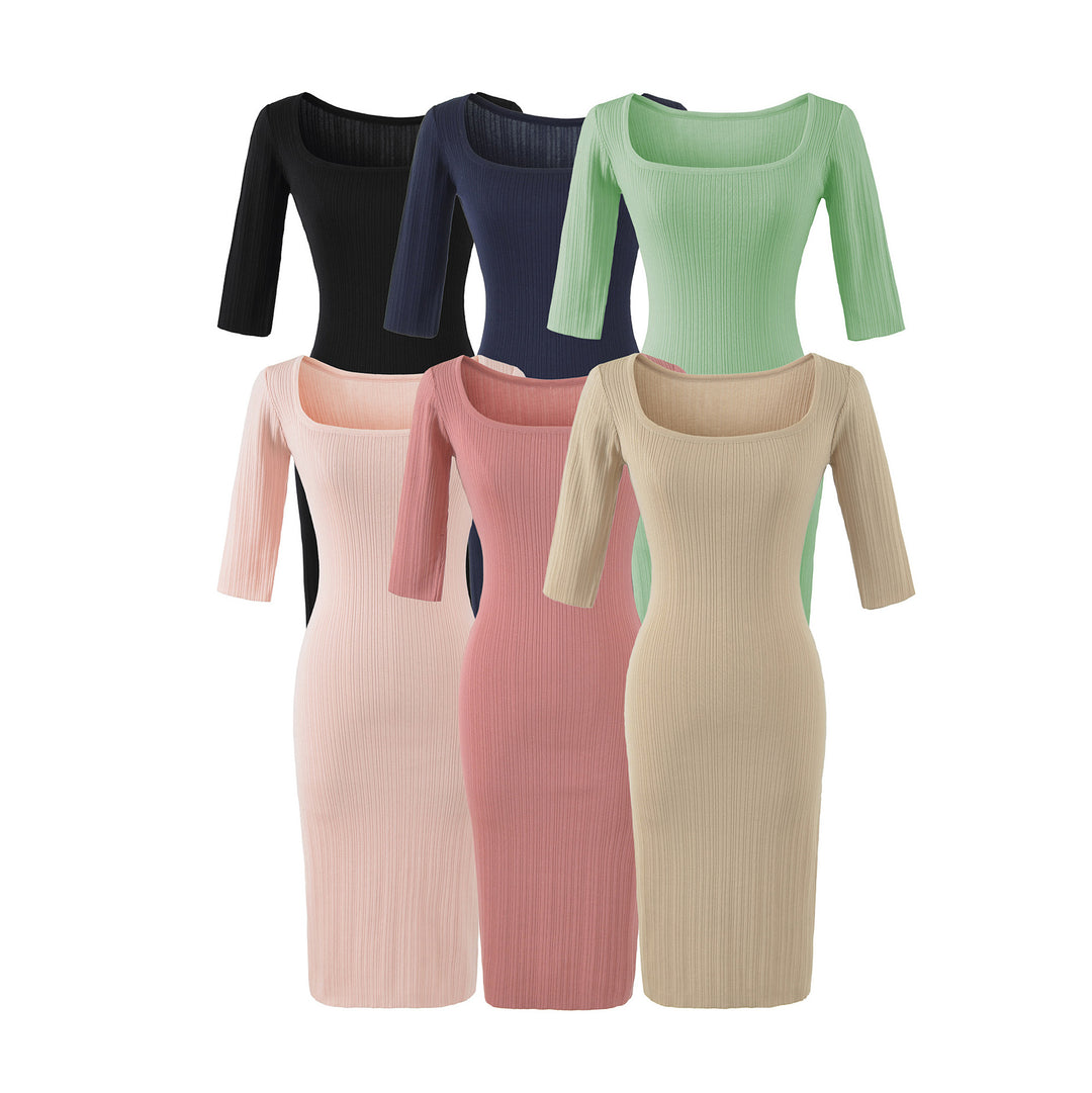 Damen Geripptes Midikleid mit quadratischem Ausschnitt und dreiviertelärmeln Shop Nory